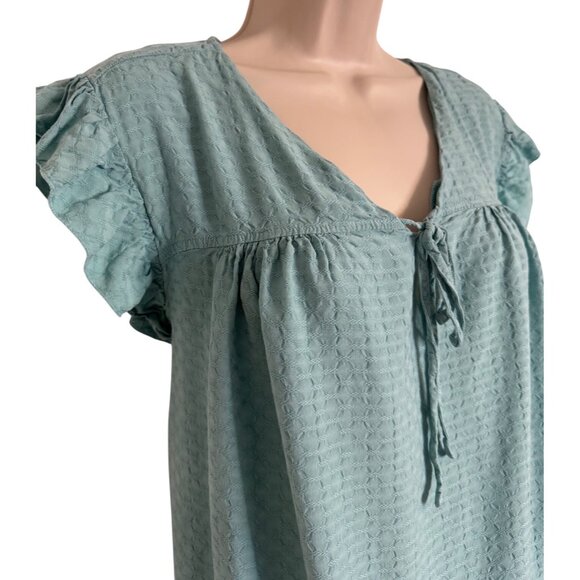 Lee Blouse Cap Ruffle Sleeve Tie Neck Size 2X Teal Green Texture Blouse Tank EUC - Picture 4 of 6